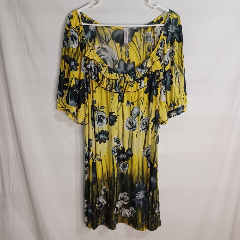 Women's Gitano Yellow Floral Stretch Scoop Neck Button Accent Tunic‎ Size 22/24W